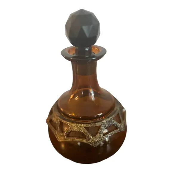 Amber Decanter, Vase Skinny Neck Round Bottom, Metal Accent Ring 7" Tall Stopper - Picture 3 of 9